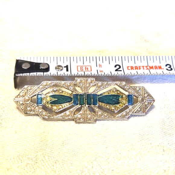 Vtg Art Deco Style Silvertone Brooch Turquoise Enamel Bowtie Design Scarf Pin - Picture 4 of 6